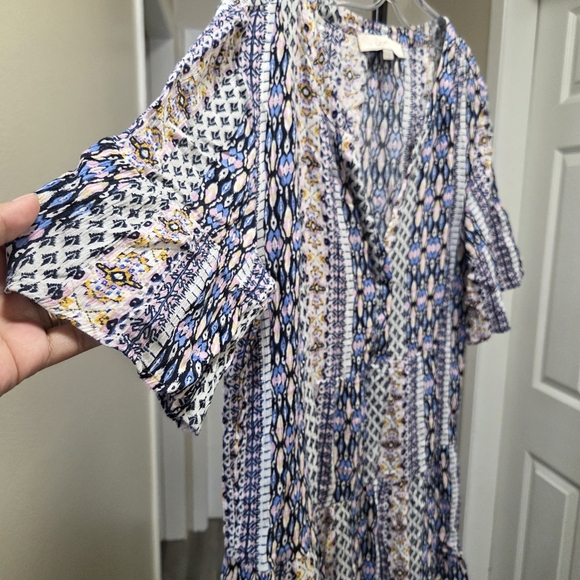 LOFT Blue Boho Print Flutter Sleeve Tiered Dress | V-Neck Flowy Mini - Picture 3 of 6